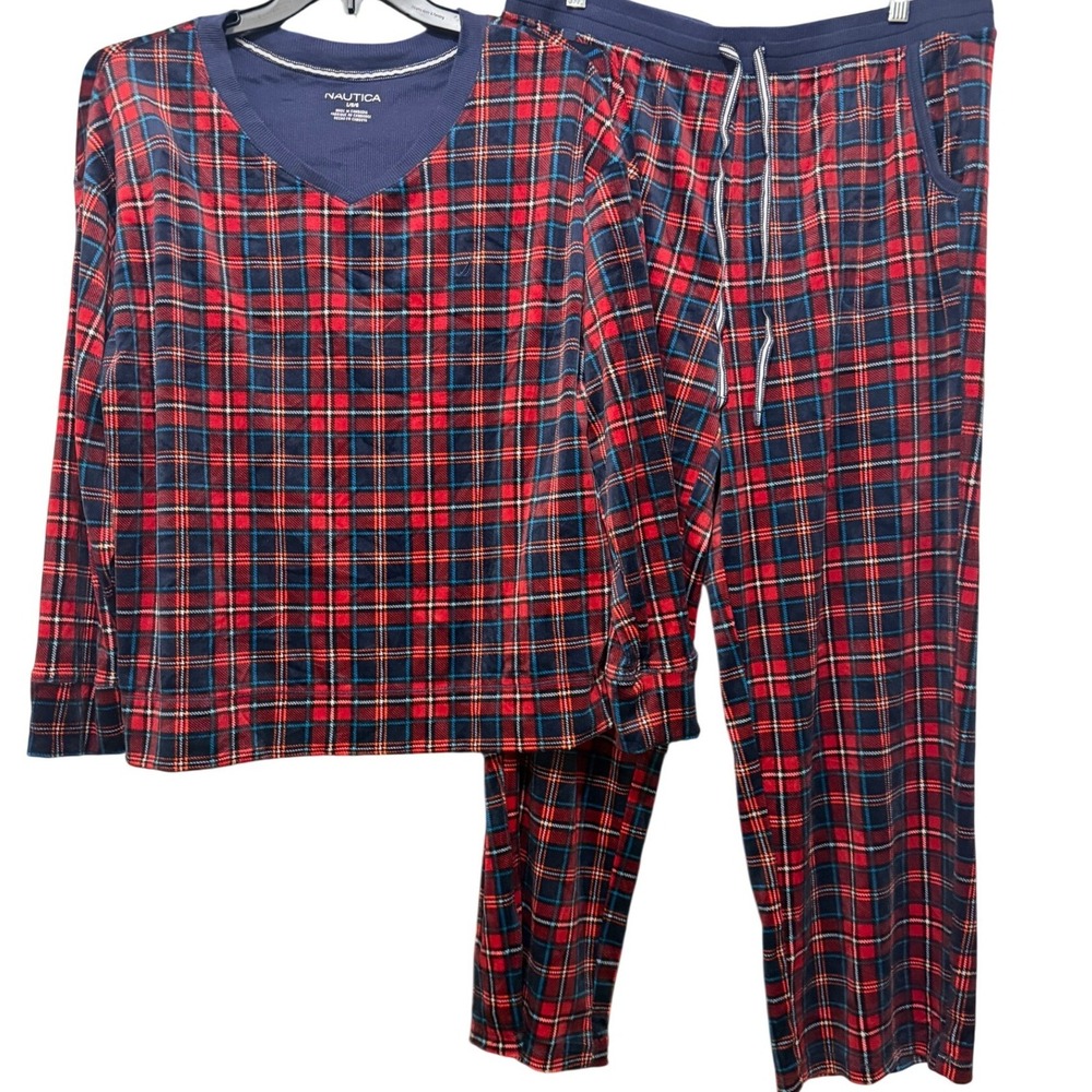 Nautica Womens Red Navy Blue Plaid Fleece Pajama Set Large V-Neck Top Pants PJ